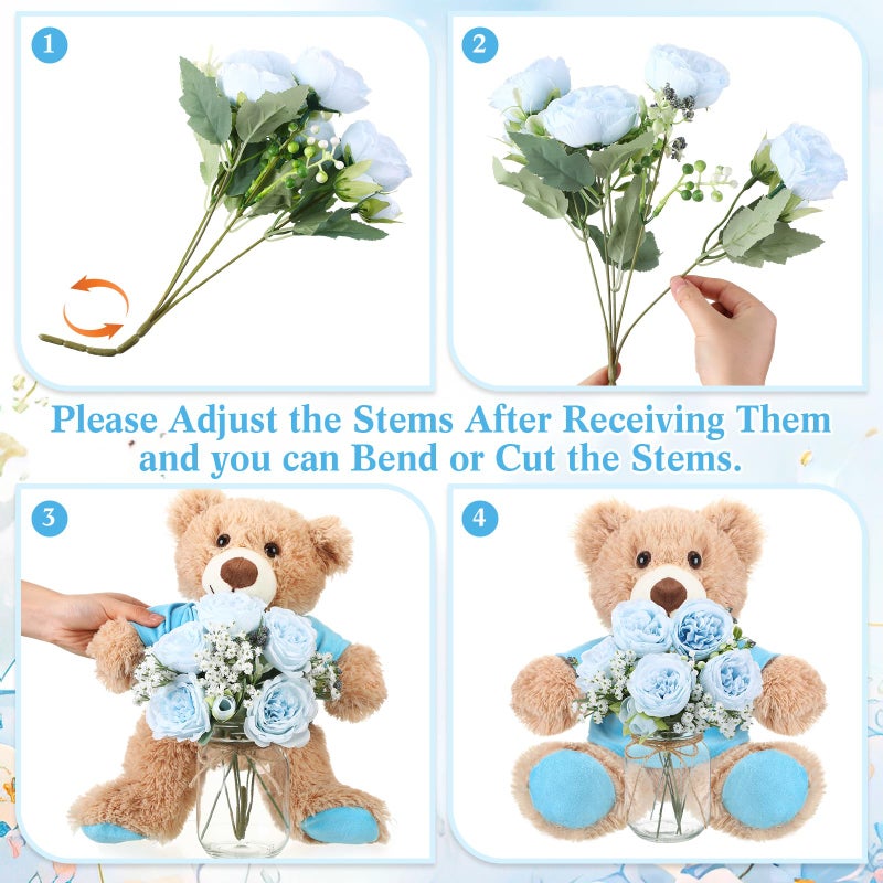 Ferrochef Blue 6 Set Baby Shower Bear Centerpieces for Tables Mason-Style Glass Jars with Artificial Peonies and Baby's Breath Rustic Table Decor for Gender Reveal Party Wedding - Image 2