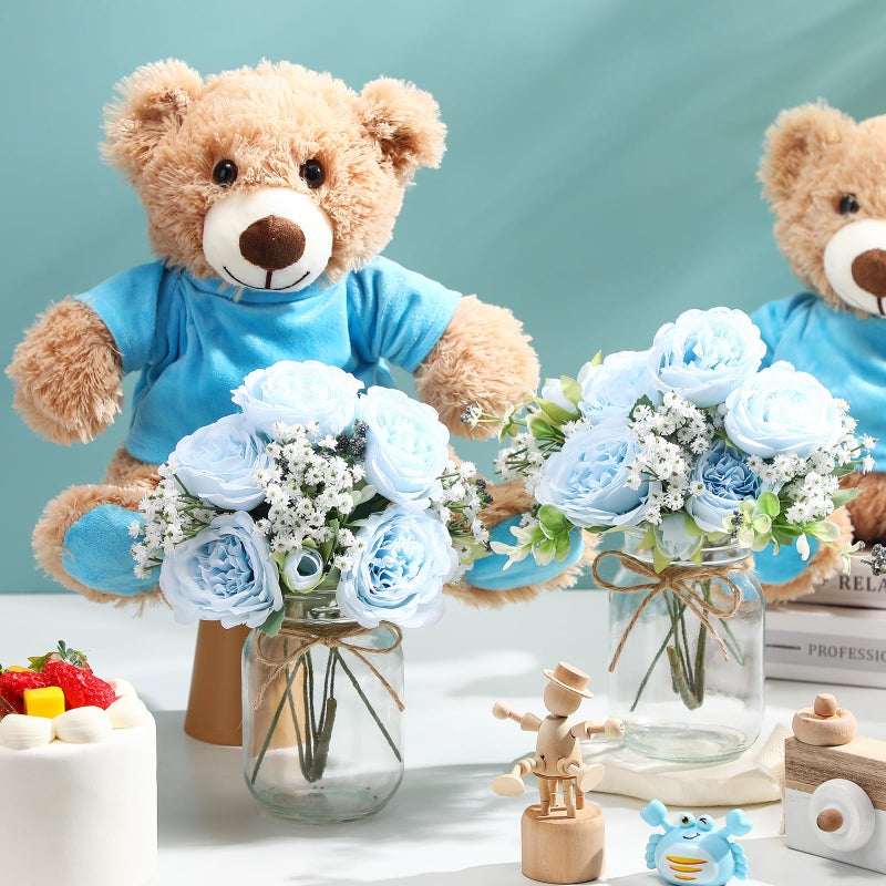 Ferrochef Blue 6 Set Baby Shower Bear Centerpieces for Tables Mason-Style Glass Jars with Artificial Peonies and Baby's Breath Rustic Table Decor for Gender Reveal Party Wedding - Image 3