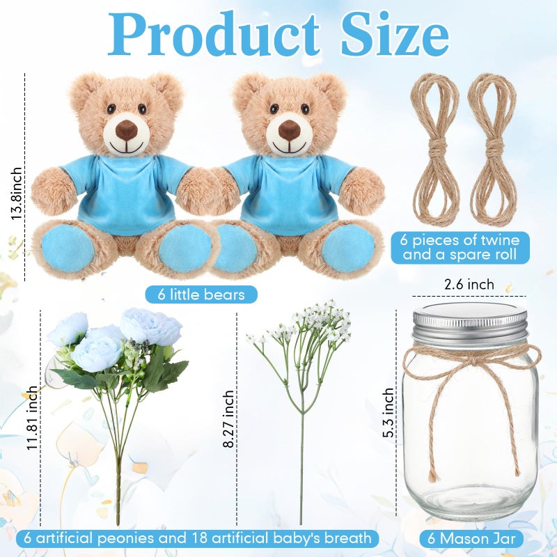 Ferrochef Blue 6 Set Baby Shower Bear Centerpieces for Tables Mason-Style Glass Jars with Artificial Peonies and Baby's Breath Rustic Table Decor for Gender Reveal Party Wedding - Image 4