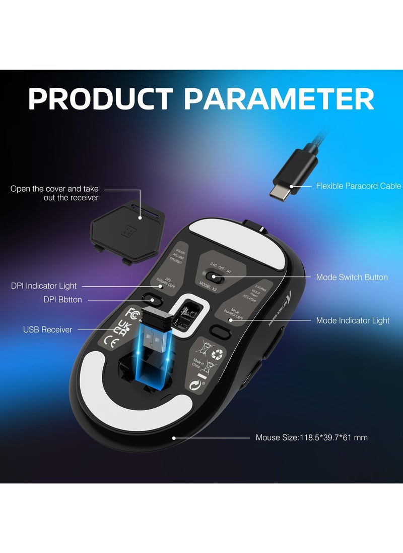 Attack Shark - X3 Lightweight Wireless Gaming Mouse with Tri-Mode 2.4G/USB-C Wired/Bluetooth,Up to 26K DPI, PAW3395 Optical Sensor,Kailh GM8.0 Switch,5 programmable Buttons for PC/Win/Mac(Black) - Image 1