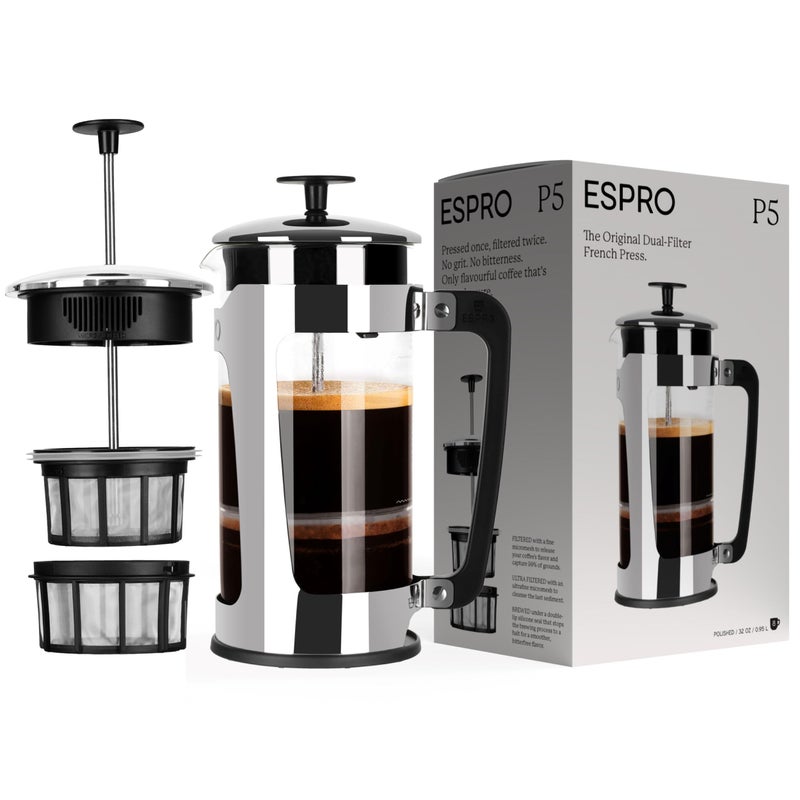 صانعة القهوة الفرنسية ESPRO P5 مع فلتر مزدوج مسجل براءة اختراع للقهوة خالية من الرواسب والشوائب باللون الأسود 32 أونصة