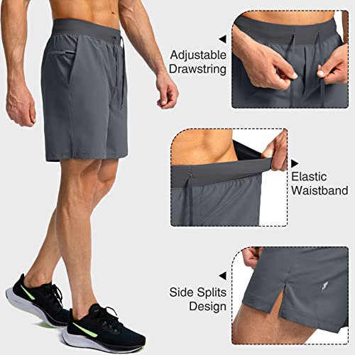 Soothfeel Men's Running Shorts with Zipper Pockets 7 Inch Lightweight Quick Dry Gym Athletic Workout Shorts for Men (Grey, L) - Image 5