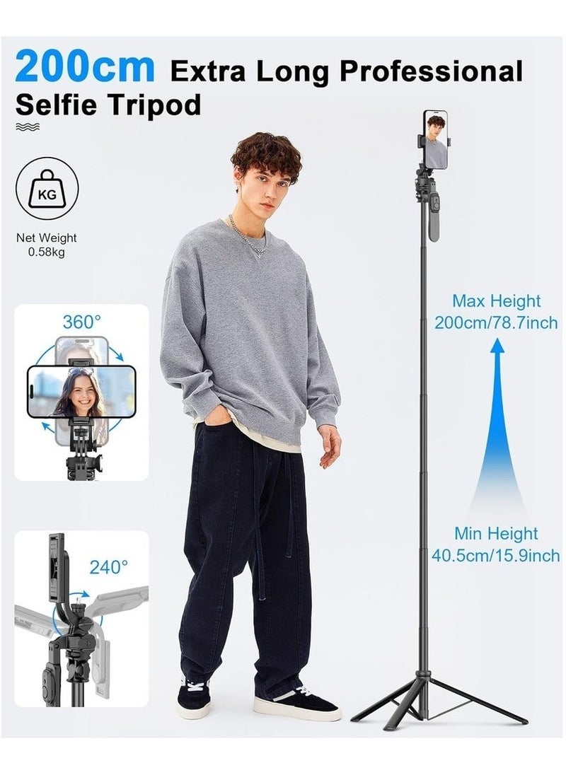 Generic - 2m Phone Tripod & Selfie Stick Anti-Shake Selfie Tripod With Balance Handle & Video Light All-in-1 Versatile Travel Tripod Compatible With IPhone/Android/Action Camera - Image 1