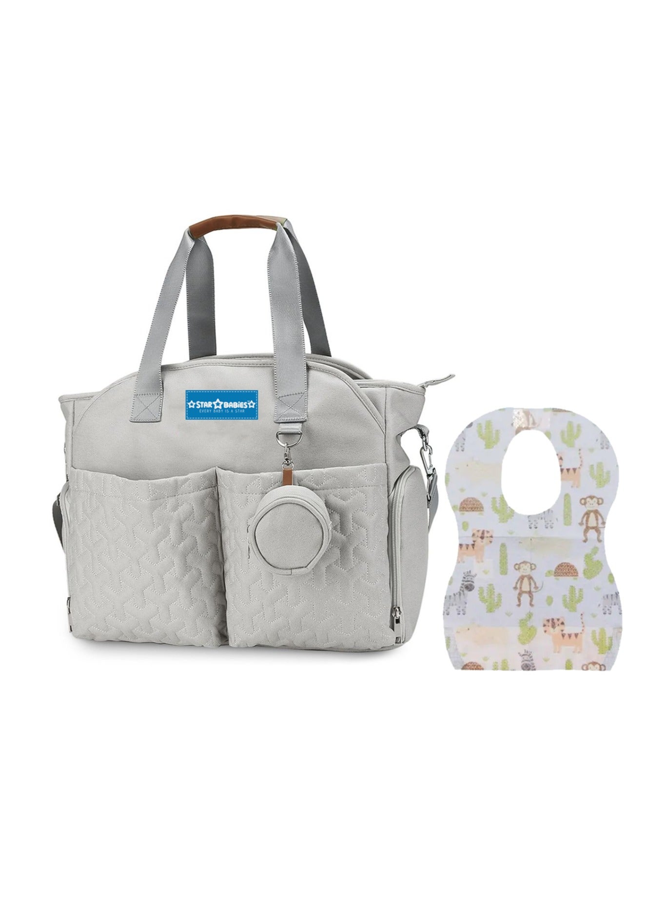 Star Babies Pack of 2 (Diaper Portable Bag With Pacifier Bag Large-capacity, Disposable Bibs 20pcs)-Khaki