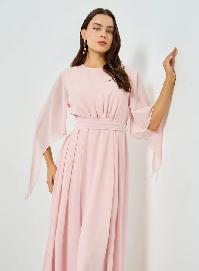Take Two Pink Angel Sleeve Belted A-Line Maxi Dress