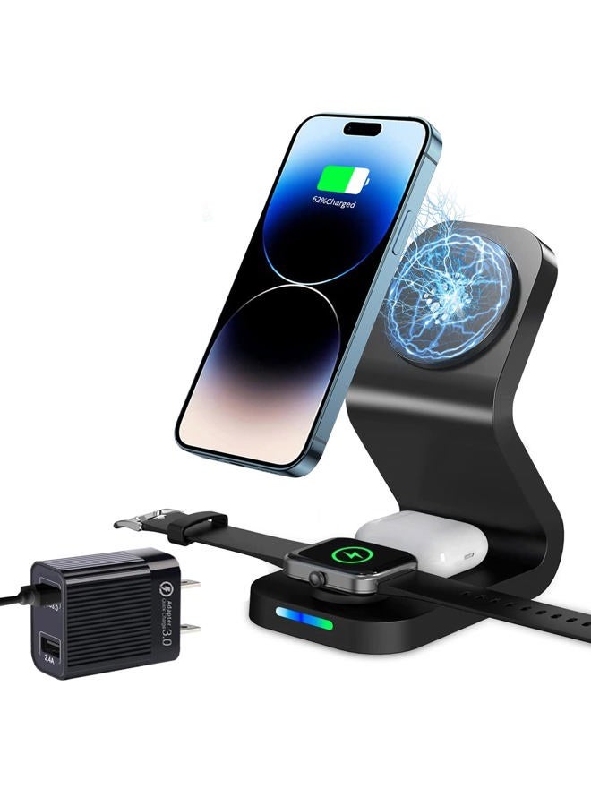 IDOLCO Mag-Safe 3 in 1 Wireless Charging Station, [with 30W Adapter] 15W Fast Magnetic Wireless Charger Stand for Multiple Devices Apple, iPhone 16 15 14 13 12 Pro Max/Plus/Pro, iWatch 7/SE/6/5/4/3, AirPods  - Image 1
