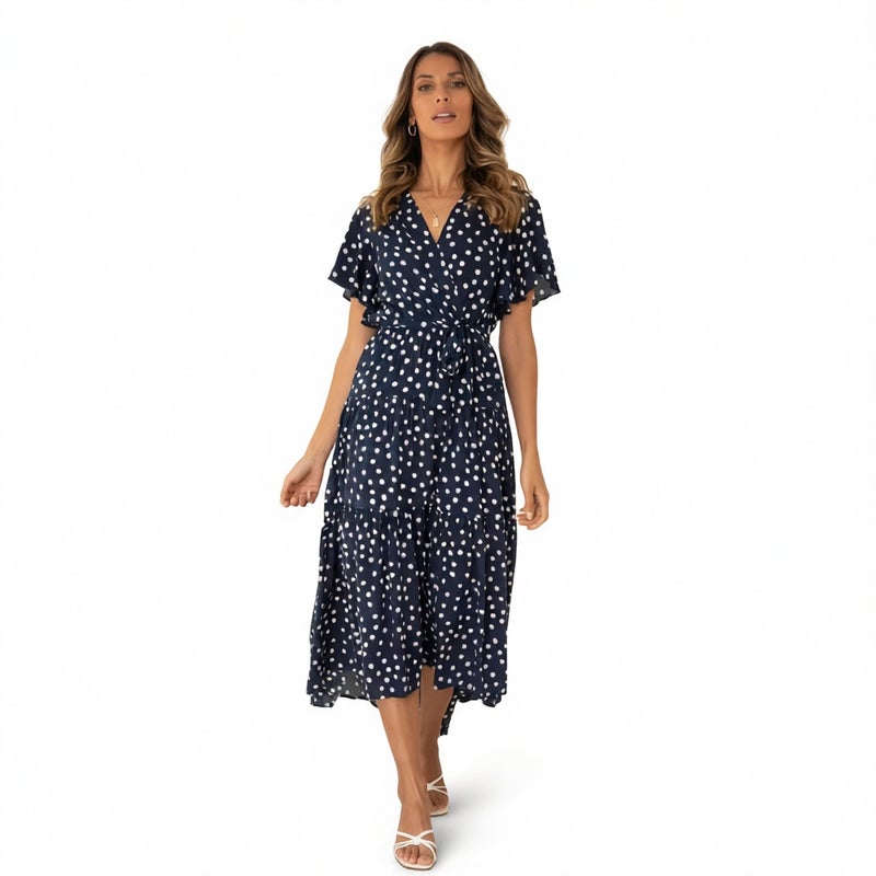 V Neck Short Sleeve Polka Dot Print Tie Waist Midi Dress - Image 1