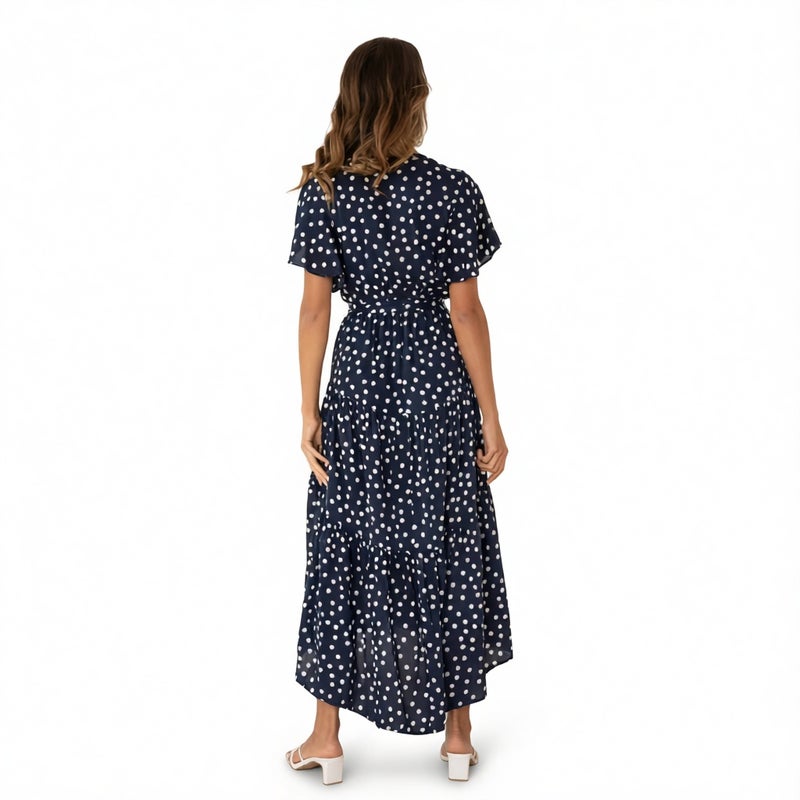 V Neck Short Sleeve Polka Dot Print Tie Waist Midi Dress - Image 2