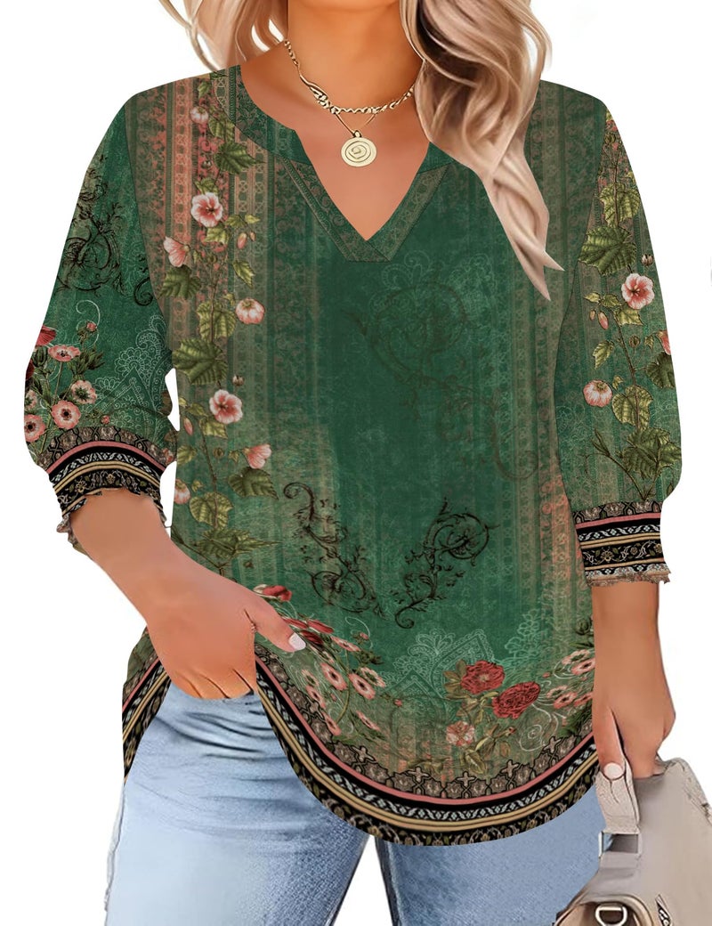 TFSDOD Plus Size Spring Clothes for Women 2026 3/4 Sleeve T Shirts for Women V Neck Smocked Blouses Loose Fit Swing Peasant Boho Green 5X - Image 1