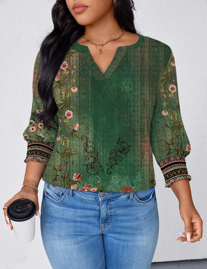 TFSDOD Plus Size Spring Clothes for Women 2026 3/4 Sleeve T Shirts for Women V Neck Smocked Blouses Loose Fit Swing Peasant Boho Green 5X - Image 5