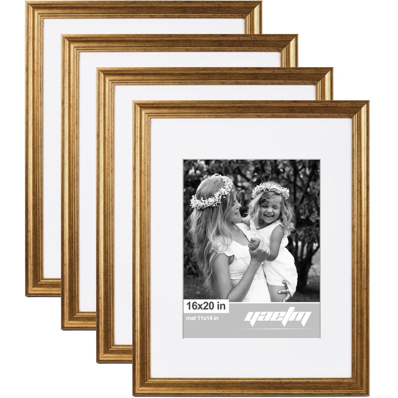 Yaetm 16x20 Gold Picture Frame Matted to 11x14 Set of 4, 1.4" Wide Molding & Rustic Golden 16x20 Frame for Wall Gallery, Home and Office, Wall Mount, 4 Pack - Image 1