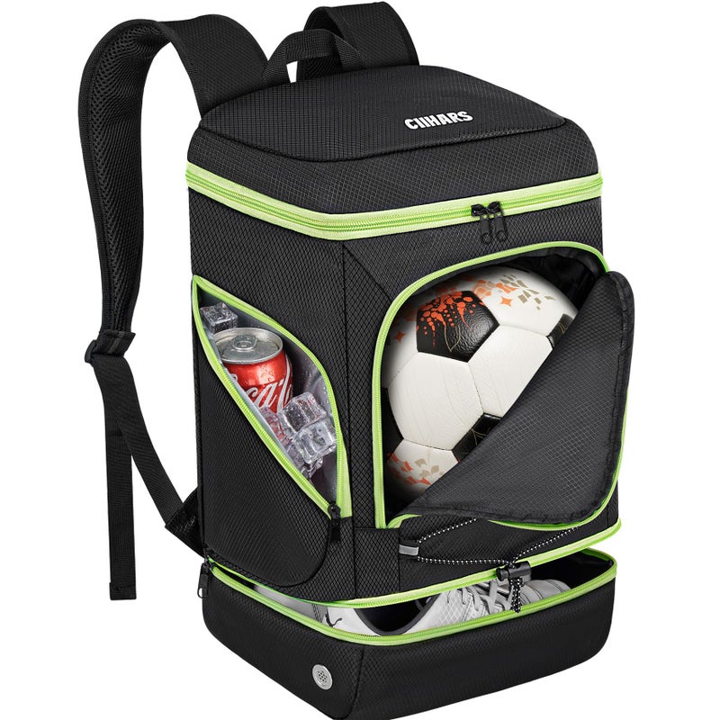 Ciihars Soccer Backpack,Soccer Bag with Ball Holder,Sport Equipment Bags Includes Separate Cleat Shoe and Ball Compartment Fit Basketball Volleyball Football (BLACK GREEN) - Image 1