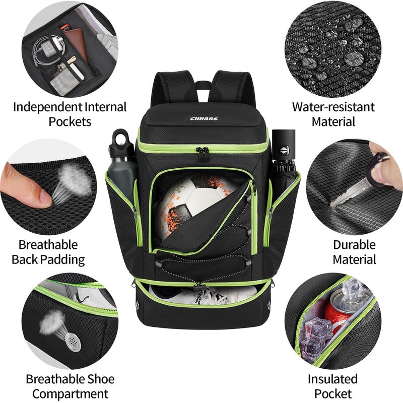 Ciihars Soccer Backpack,Soccer Bag with Ball Holder,Sport Equipment Bags Includes Separate Cleat Shoe and Ball Compartment Fit Basketball Volleyball Football (BLACK GREEN) - Image 4
