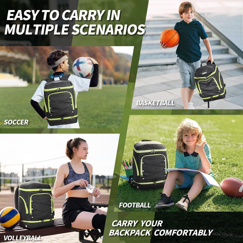 Ciihars Soccer Backpack,Soccer Bag with Ball Holder,Sport Equipment Bags Includes Separate Cleat Shoe and Ball Compartment Fit Basketball Volleyball Football (BLACK GREEN) - Image 5