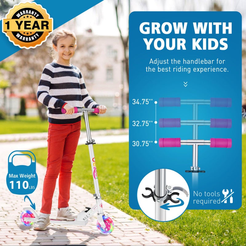 BELEEV سكوتر بيلييف V1 للأطفال للفتيات، سكوتر قابل للطي بعجلتين مع عجلات مضيئة، 3 ارتفاعات قابلة للتعديل، سكوتر خفيف الوزن مع قاعدة للأطفال من 3 إلى 12 عامًا (وردي) - Image 3