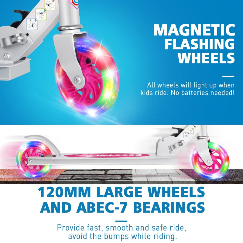 BELEEV سكوتر بيلييف V1 للأطفال للفتيات، سكوتر قابل للطي بعجلتين مع عجلات مضيئة، 3 ارتفاعات قابلة للتعديل، سكوتر خفيف الوزن مع قاعدة للأطفال من 3 إلى 12 عامًا (وردي) - Image 2