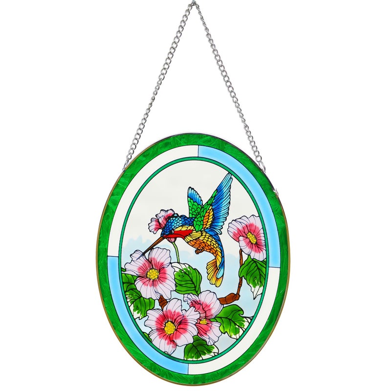 VinSees Hummingbird Stained Glass Window HangingsSuncatcher for Window Hummingbird and Flowers Hanging Ornament Stained Glass Panel Home Decorations for Indoor Outdoor