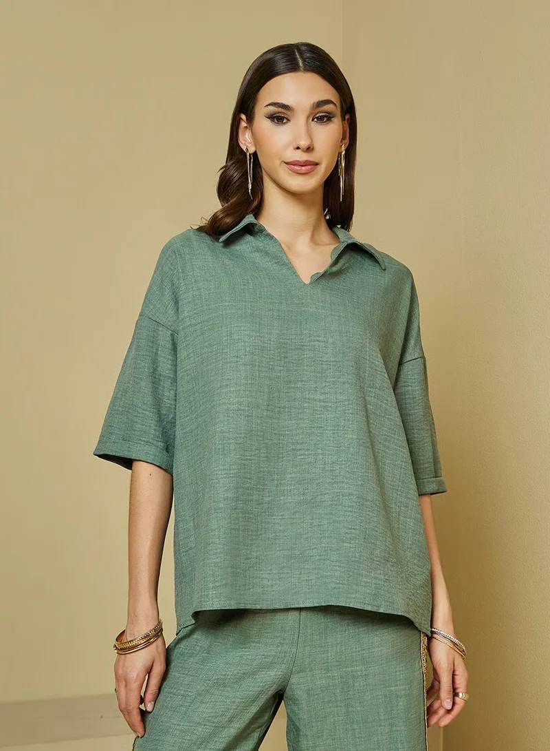 Styli Styli Oversize Boxy Top with Wide Leg Pants with Lace Detail Co-Ords Set