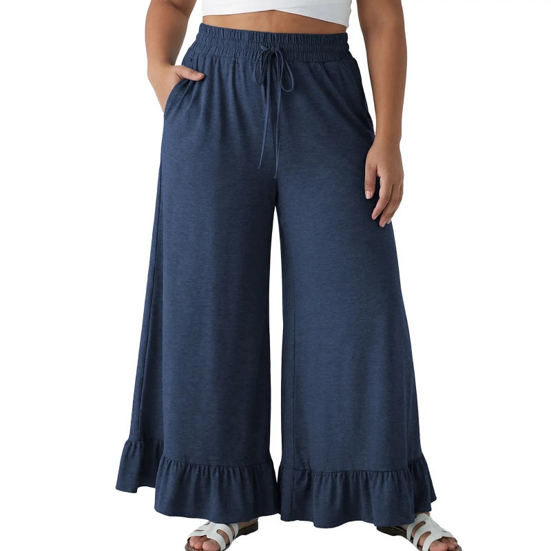 Eytino Women's Plus Size Wide Leg Pants Casual Elastic High Waist Drawstring Ruffle Hem Palazzo Pants with Pockets (1X-5X)
