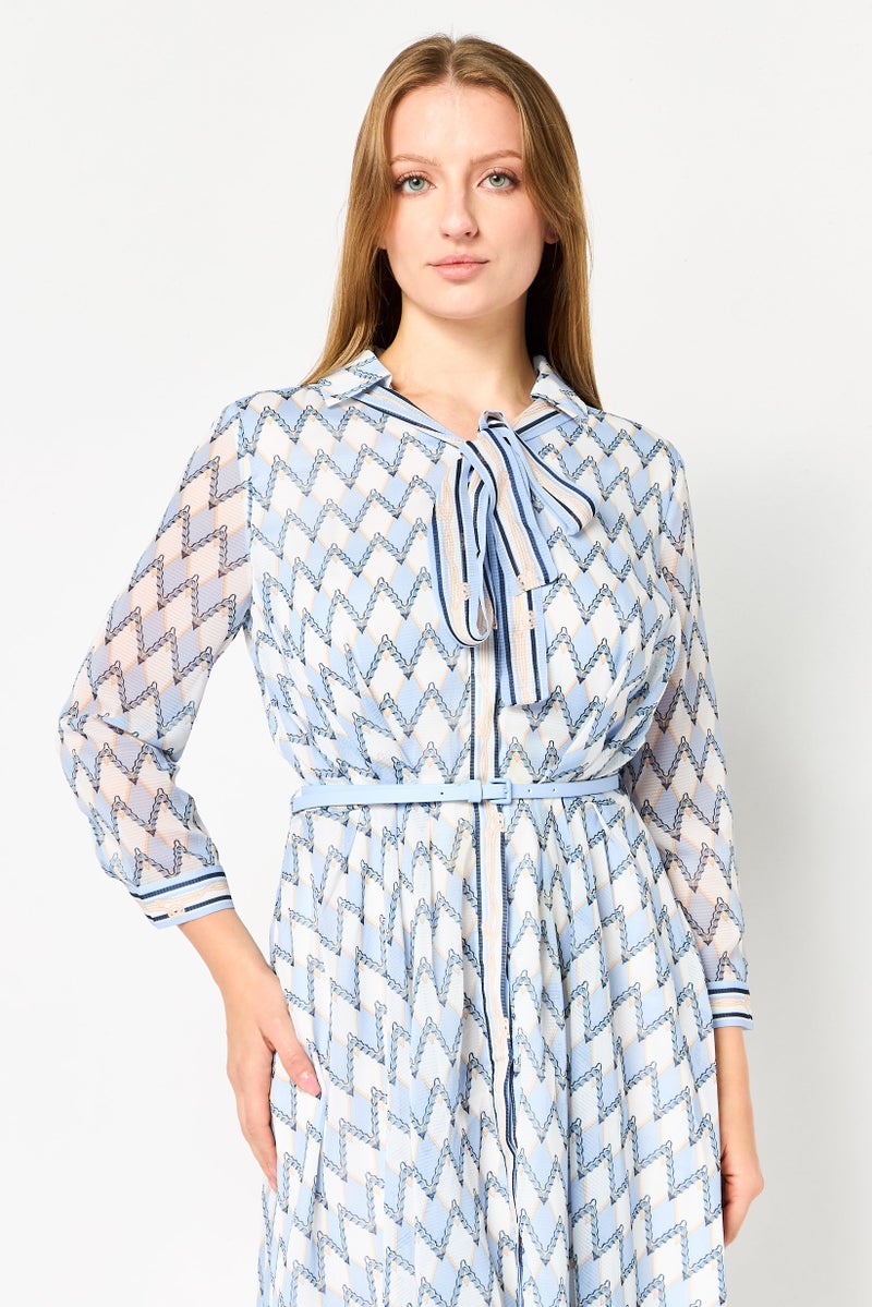 VERO MODA فستان قميص مزخرف بالكامل للنساء مع حزام، متعدد الألوان - Image 3