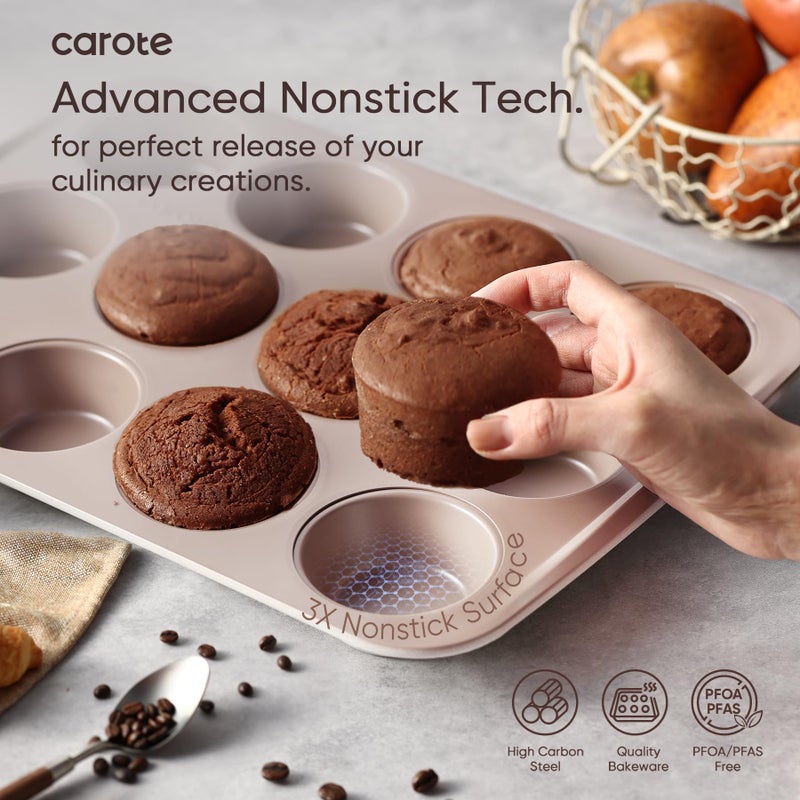 CAROTE 7-Piece Nonstick Stackable Baking Pans Set - Bakeware Sets Including Cookie Sheets for Baking, Muffin Pan, Bread Pan, Cake pan, Loaf Pan, Roasting Pan, Gray & Khaki - Image 3