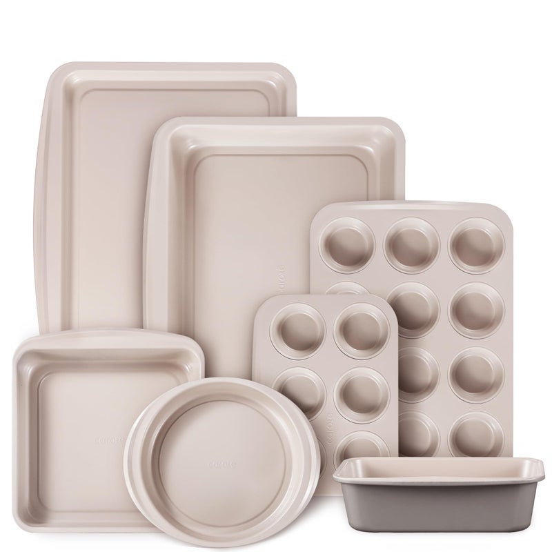 CAROTE 7-Piece Nonstick Stackable Baking Pans Set - Bakeware Sets Including Cookie Sheets for Baking, Muffin Pan, Bread Pan, Cake pan, Loaf Pan, Roasting Pan, Gray & Khaki - Image 1