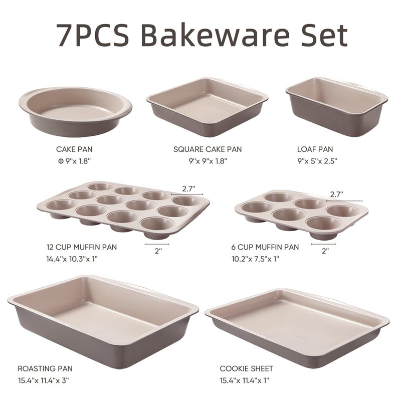 CAROTE 7-Piece Nonstick Stackable Baking Pans Set - Bakeware Sets Including Cookie Sheets for Baking, Muffin Pan, Bread Pan, Cake pan, Loaf Pan, Roasting Pan, Gray & Khaki - Image 2