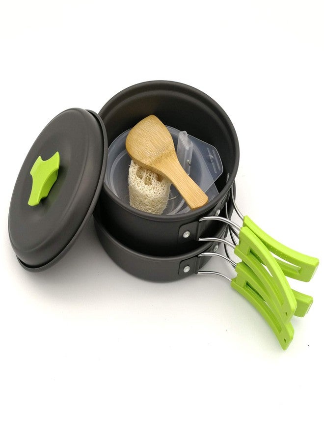HARI Camping Cookware Set Hard Aluminum Foldable Backpacking Camping Pots and Frying Pans Cooking Camp Kitchen Camping Mess Kit Eco-Friendly Cooker Set for 2 Person (Green) - Image 1