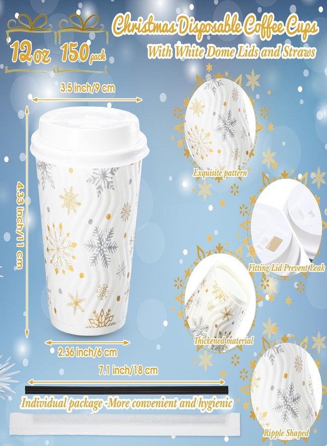 Zhehao 150 Sets 12 oz Snowflake Coffee Cups with Lids and Straws, Christmas Paper Cups Disposable Bulk, Winter Xmas Holiday Party Supplies for Hot Chocolate Tea (Golden) - Image 3
