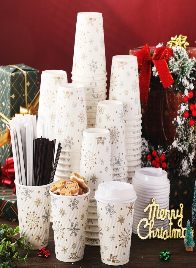 Zhehao 150 Sets 12 oz Snowflake Coffee Cups with Lids and Straws, Christmas Paper Cups Disposable Bulk, Winter Xmas Holiday Party Supplies for Hot Chocolate Tea (Golden) - Image 1