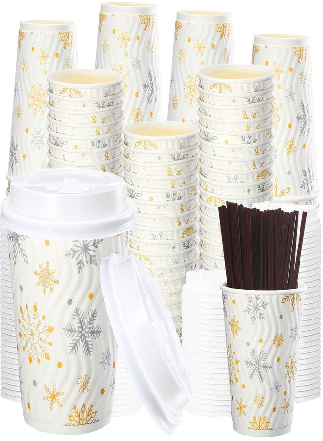 Zhehao 150 Sets 12 oz Snowflake Coffee Cups with Lids and Straws, Christmas Paper Cups Disposable Bulk, Winter Xmas Holiday Party Supplies for Hot Chocolate Tea (Golden) - Image 2