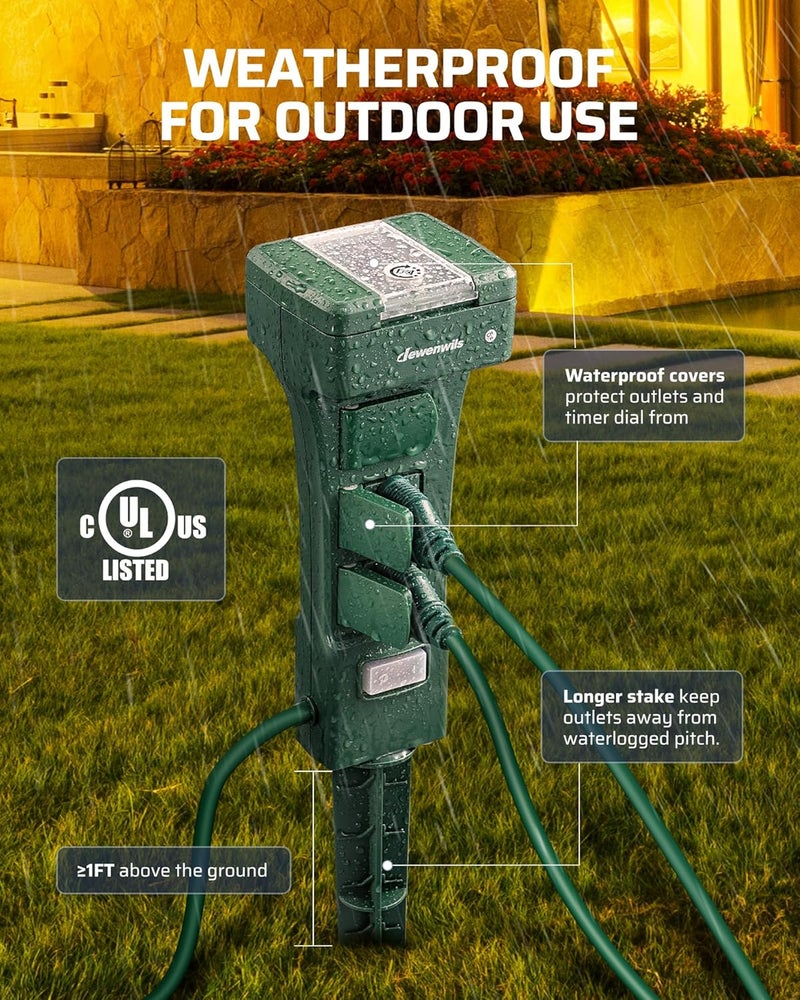 DEWENWILS Outdoor Power Stake Timer Waterproof, 100FT Range Remote Control Outlet Timer, 6 Grounded Outlets 6FT Cord, Photocell Dusk to Dawn, for Lights, Garden, 1875W/15A UL Listed - Image 5