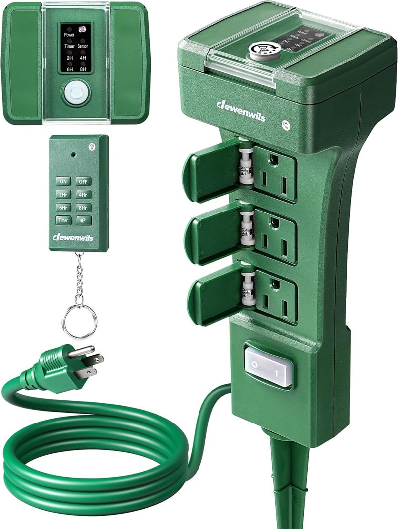 DEWENWILS Outdoor Power Stake Timer Waterproof, 100FT Range Remote Control Outlet Timer, 6 Grounded Outlets 6FT Cord, Photocell Dusk to Dawn, for Lights, Garden, 1875W/15A UL Listed - Image 1