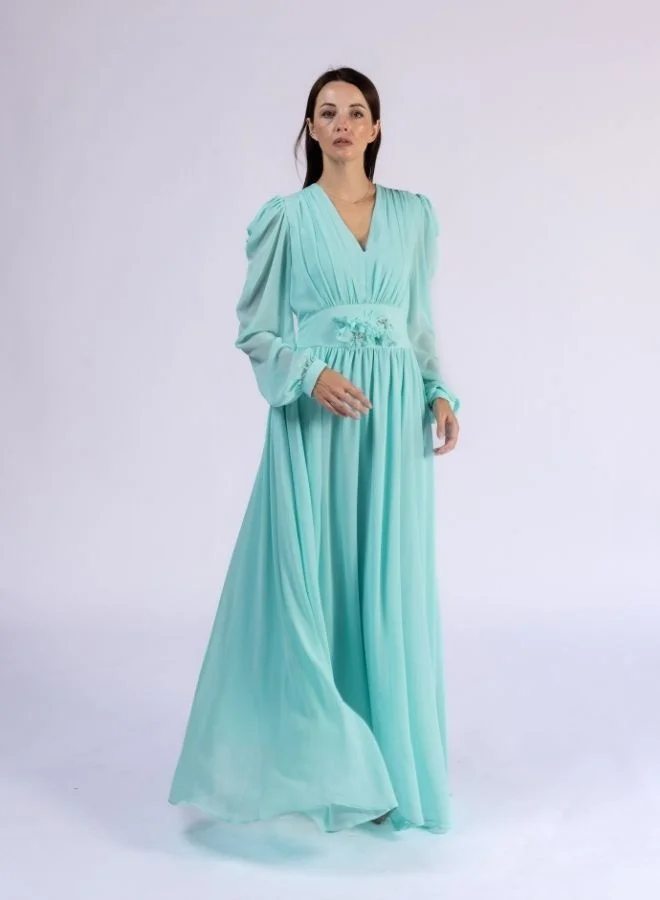 Fashonara Ruffled Draped Sleeve Crystal and Flower Belt Detail Modest Dress
