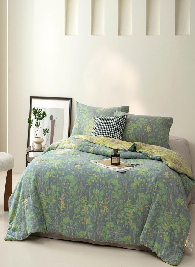 Purefair 100% Cotton Muslin Jacquard Comforter Set, Botanical Floral Plants Print, Soft Lightweight Reversible 3 Piece Bedding Sets for All Season, Green Yellow, Full/Queen(90"x90") - Image 3