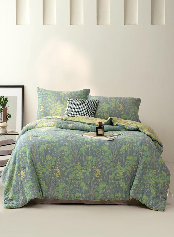 Purefair 100% Cotton Muslin Jacquard Comforter Set, Botanical Floral Plants Print, Soft Lightweight Reversible 3 Piece Bedding Sets for All Season, Green Yellow, Full/Queen(90"x90") - Image 1