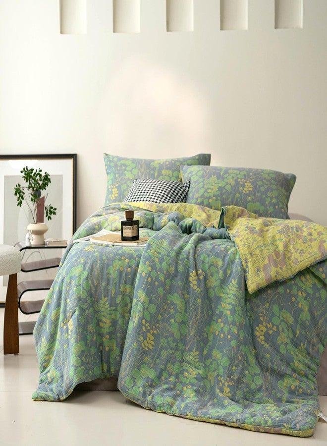 Purefair 100% Cotton Muslin Jacquard Comforter Set, Botanical Floral Plants Print, Soft Lightweight Reversible 3 Piece Bedding Sets for All Season, Green Yellow, Full/Queen(90"x90") - Image 5