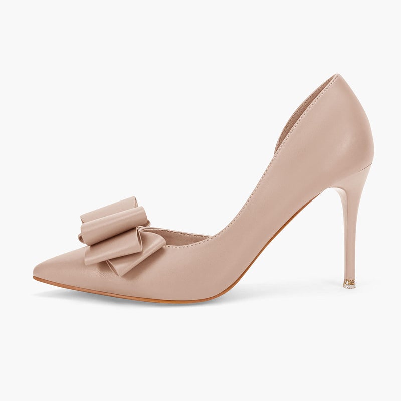 Coutgo Womens Bow Heels Closed Pointed Toe Dress Shoes Stiletto Slip on Wedding Pumps Nude - Image 5