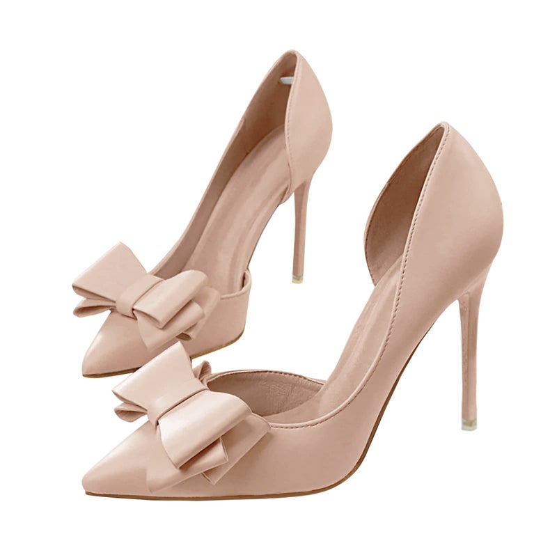 Coutgo Womens Bow Heels Closed Pointed Toe Dress Shoes Stiletto Slip on Wedding Pumps Nude - Image 1