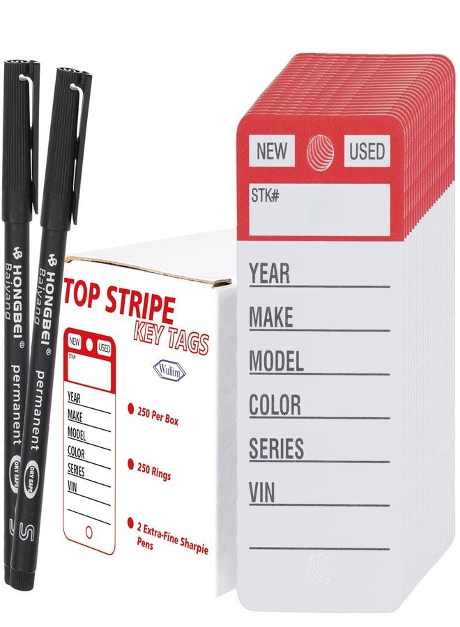Wuliim Vinyl Poly Car Key Tags 250 Pcs with 250 Split Rings & 2 Markers, Heavy-Duty & Tear Proof Top Stripe Key Tags with Write-On Design (Red) - Image 1