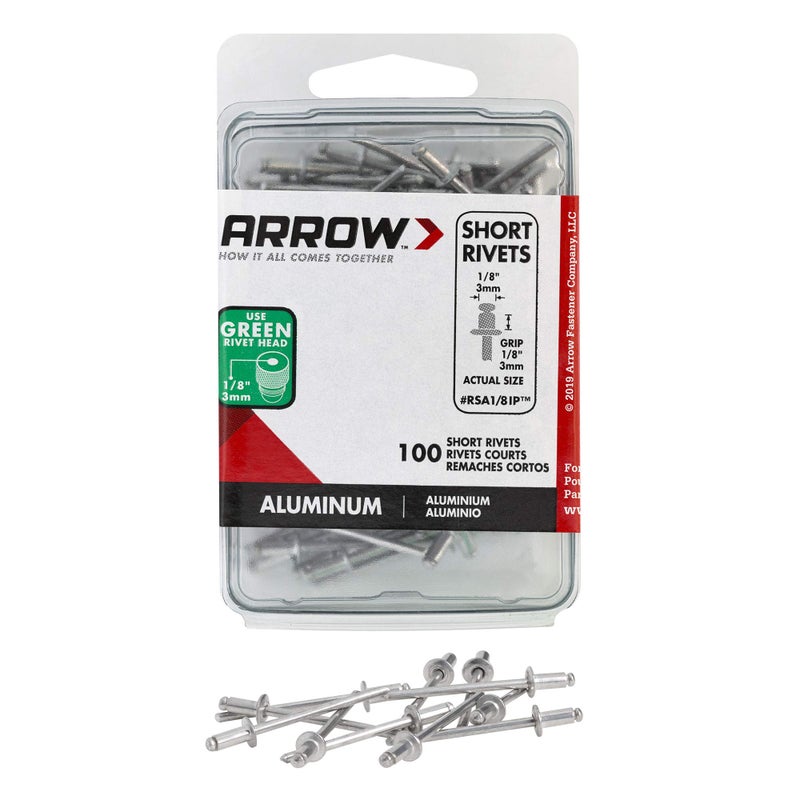 Arrow Fastener مسامير ريفيت أرو RSA1/8IP قصيرة من الألمنيوم 1/8 بوصة لإصلاح المعادن، الأقمشة، الجلد، والسيارات، عبوة 100 - Image 1