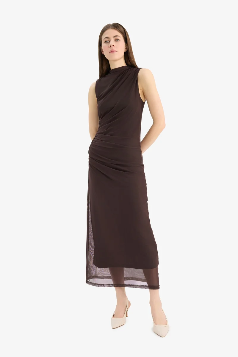 ديفاكتو Bodycon Half Turtleneck Tulle Sleeveless Maxi Dress