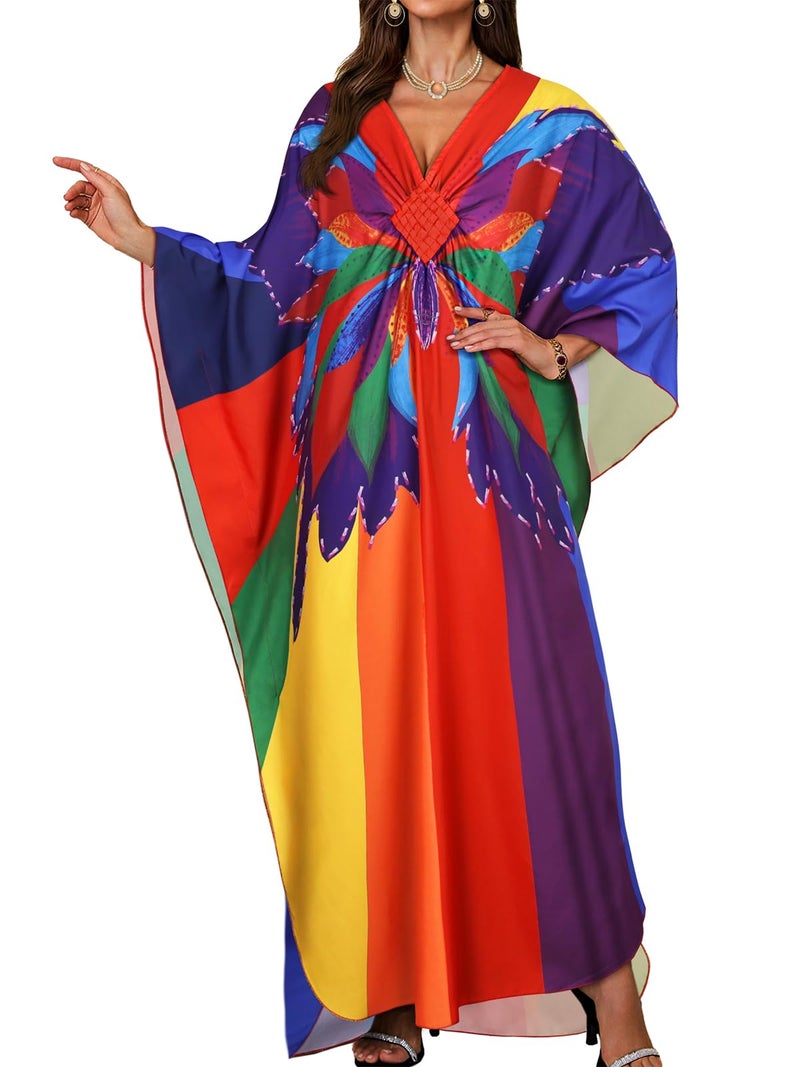 JILUVIN Kaftan Dresses for Women Plus Size V Neck Caftans Long Batwing Sleeve Beach Cover Ups Summer Floral Print Dress (Colorful Butterfly,One Size)