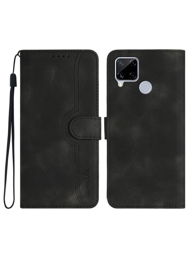 HuHa Case Cover Heart Pattern Skin Feel Leather Phone Case For Realme C15/C12/Narzo 20/7i Global/Narzo 30A/C25/C25s Black