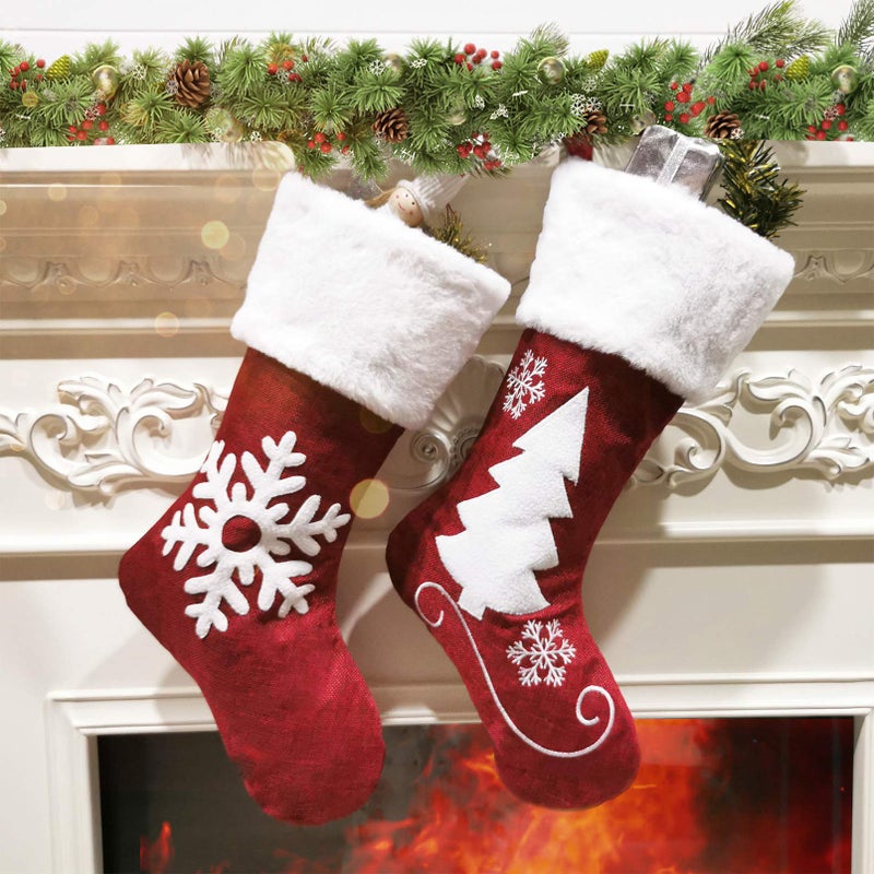 Christmas Stockings 2 Pcs 18 inches Christmas Stockings Burlap with Large Plush Cuff Stockings for Family Holiday Xmas Party Decorations