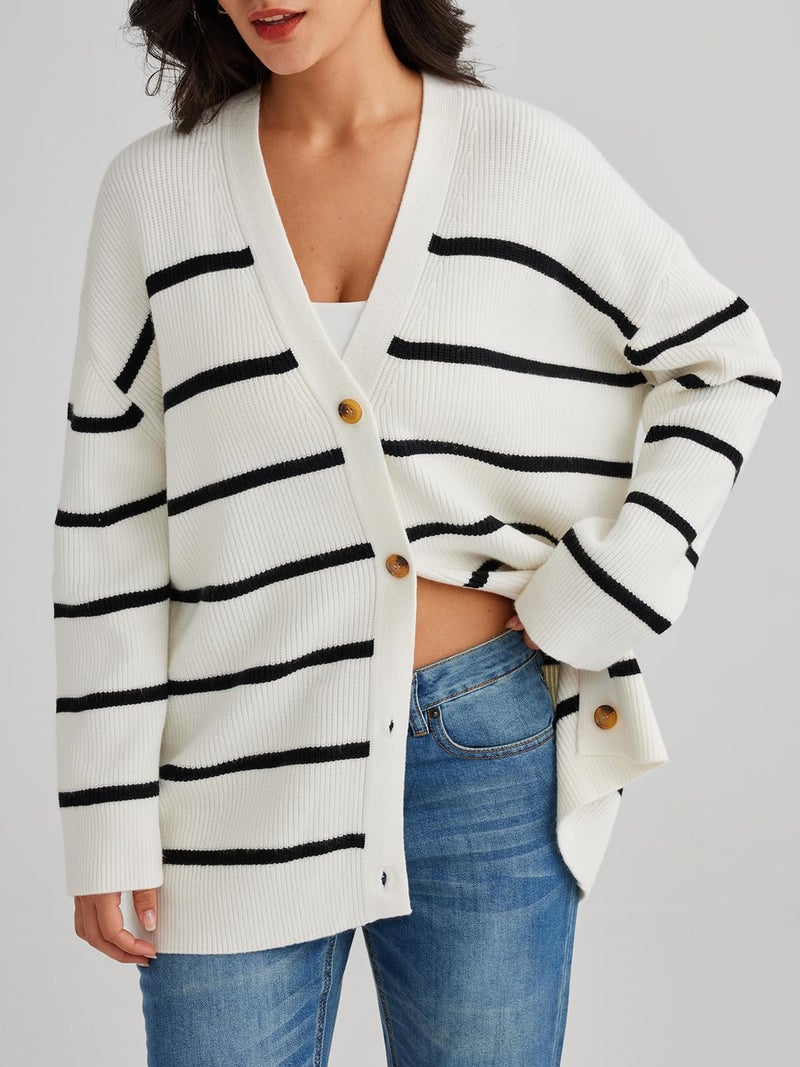 LILLUSORY Women Oversized Cardigan Sweater 2025 Fall Outfits Cloth Fashion V Neck Knit Button Front Casual Trendy Tops White Small - Image 3