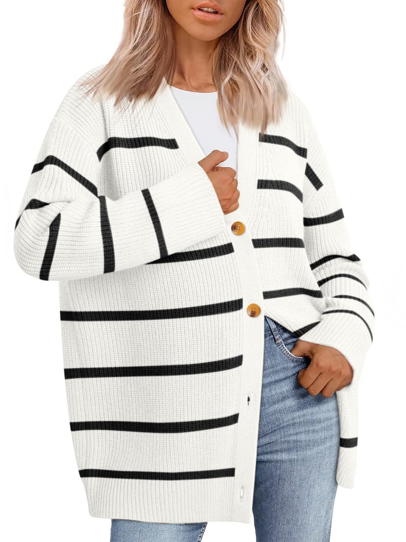 LILLUSORY Women Oversized Cardigan Sweater 2025 Fall Outfits Cloth Fashion V Neck Knit Button Front Casual Trendy Tops White Small - Image 1