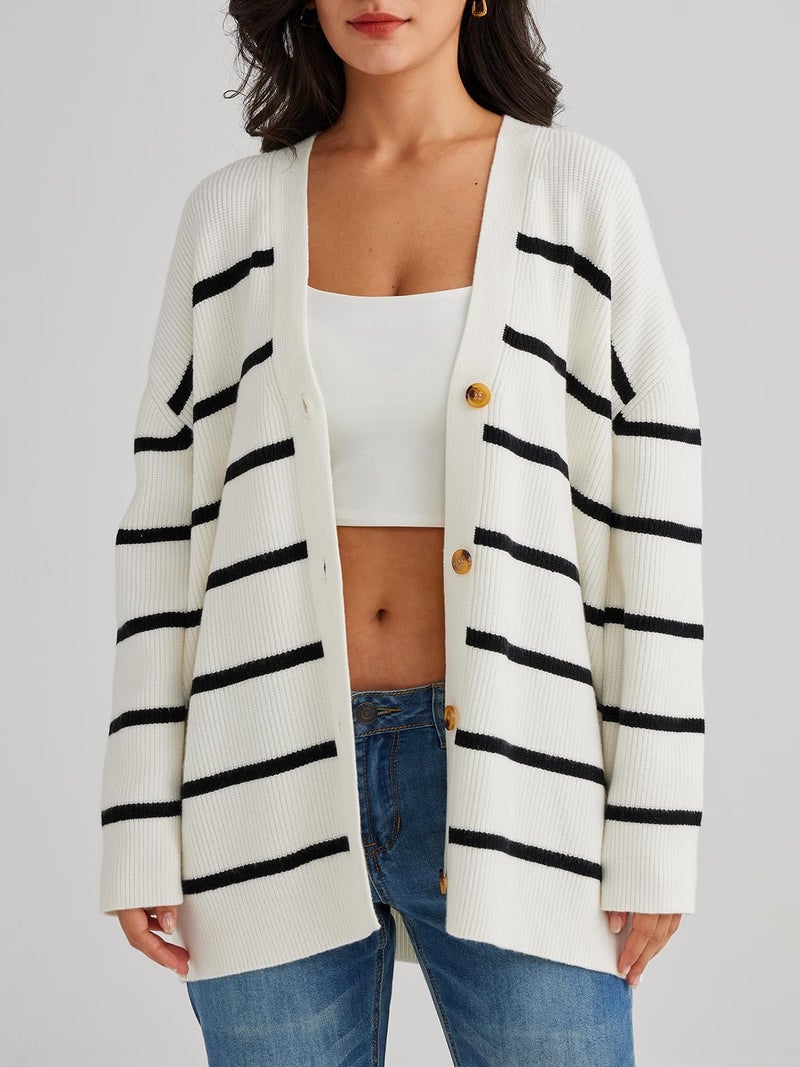 LILLUSORY Women Oversized Cardigan Sweater 2025 Fall Outfits Cloth Fashion V Neck Knit Button Front Casual Trendy Tops White Small - Image 2