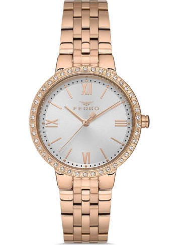 FERRO Women's Rose Color Stone Wristwatch + Safe Bracelet Gift  - Image 1