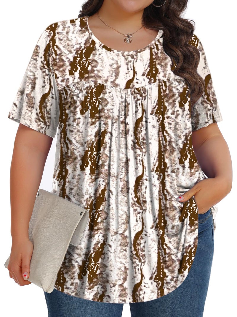 Tencede Womens Plus Size Tops Tunic Short Sleeve Crew Neck Shirts Casual Soft Blouse Brown Snakeshin 3X - Image 1